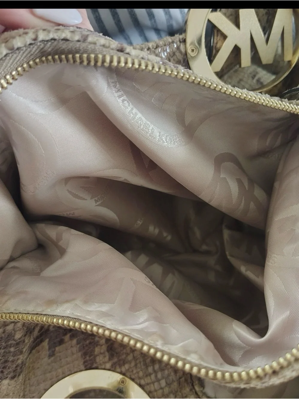 Michael Kors Tan Snake-Print Hobo with Gold MK Medallion